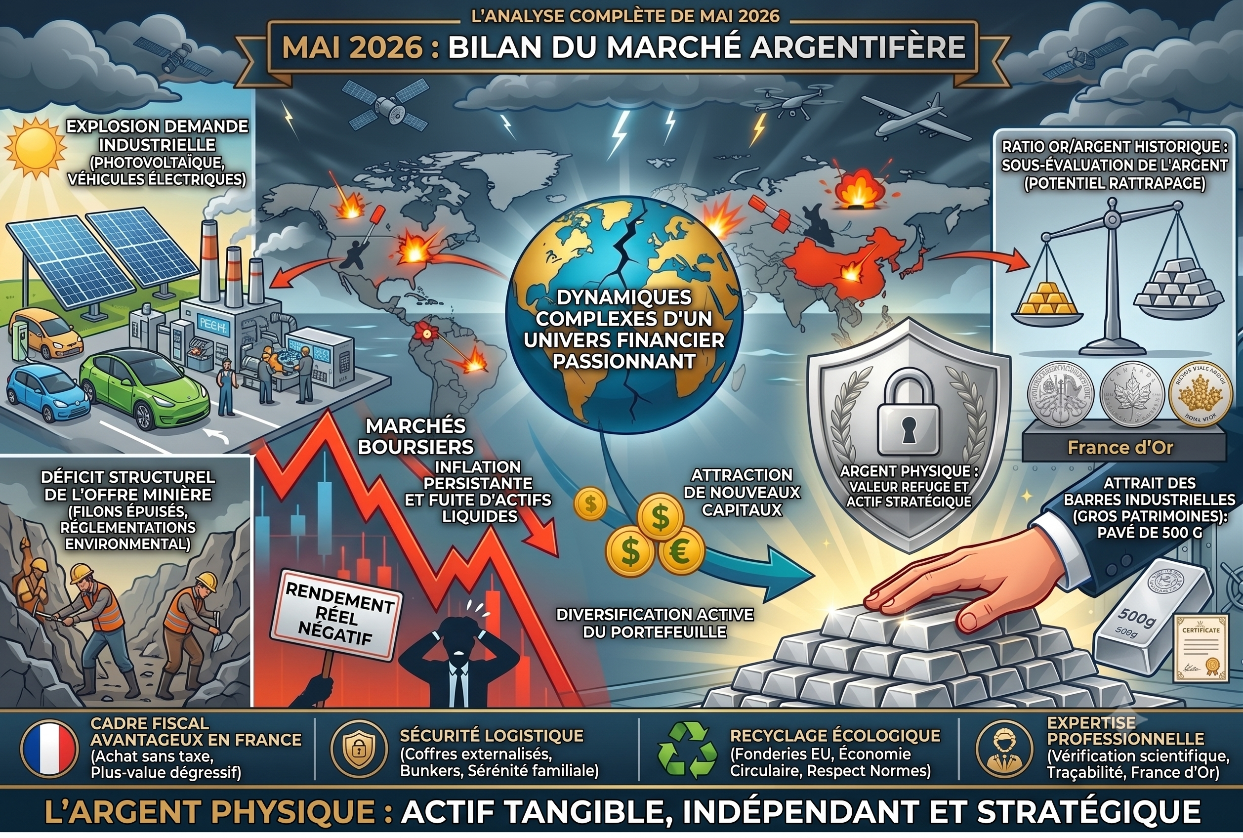Schéma bilan du cours de l'argent sur le mois de mai 2026 Schéma bilan du cours de l'argent sur le mois de mai 2026
